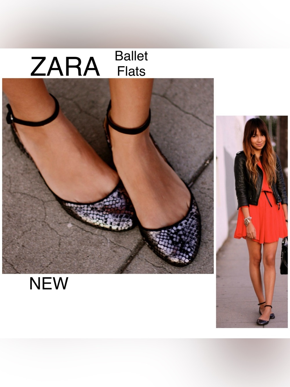 ZARA FLATS 🥿 Black Snake-Print Ankle-Strap Ballet Flats like NEW 38/7.5 or 8